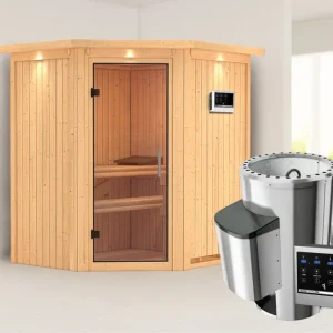 Snelle Levering Systeemsauna Tonja met dakkraag, transparent glazen deur + Plug&Play saunakachel met ext. besturing