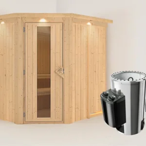 Laatste Kans Systeemsauna Saja met dakkraag, energiebesparende deur + Plug & Play saunakachel met besturing
