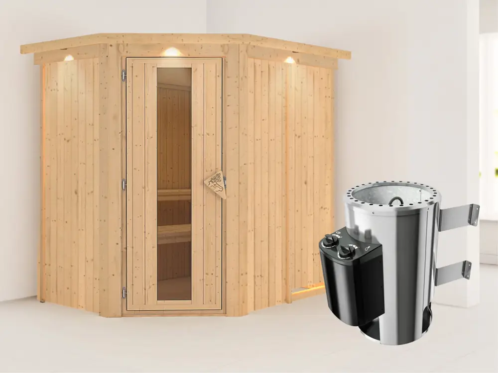 Laatste Kans Systeemsauna Saja met dakkraag, energiebesparende deur + Plug & Play saunakachel met besturing