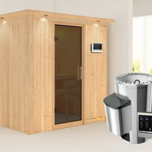 Systeemsauna Fanja met dakkraag, grafiet glazen deur + Plug & Play saunakachel met ext. besturing Aanbieding