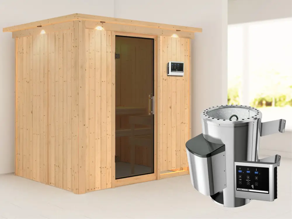 Systeemsauna Fanja met dakkraag, grafiet glazen deur + Plug & Play saunakachel met ext. besturing Aanbieding