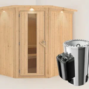 Systeemsauna Lilja met dakkraag, energiebesparende deur + Plug & Play saunakachel met besturing Tijdelijk Beschikbaar