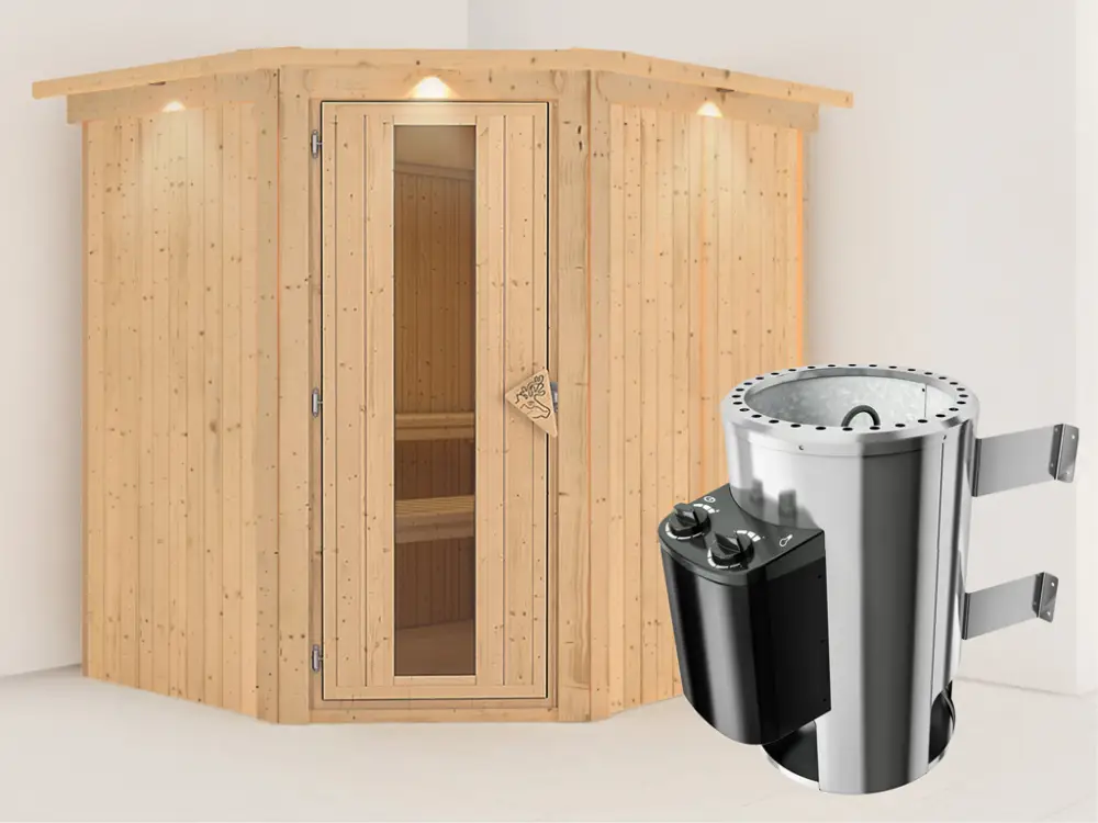 Systeemsauna Lilja met dakkraag, energiebesparende deur + Plug & Play saunakachel met besturing Tijdelijk Beschikbaar