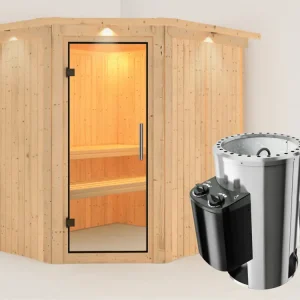 Hoge Kwaliteit Systeemsauna Lilja met dakkraag, transparent glazen deur + Plug & Play saunakachel met besturing