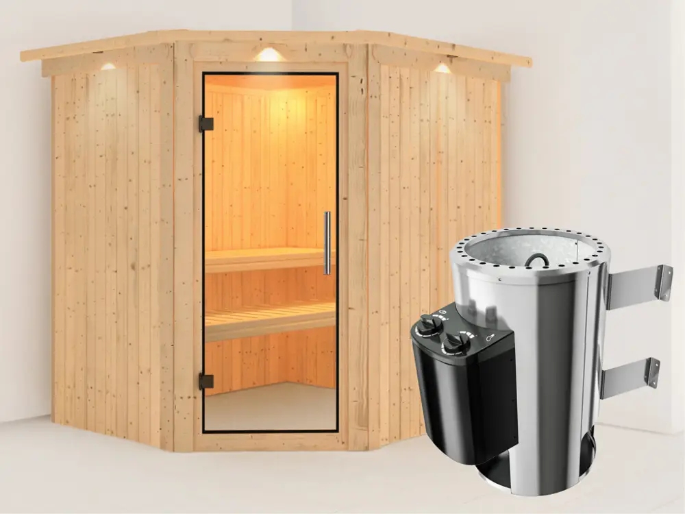 Hoge Kwaliteit Systeemsauna Lilja met dakkraag, transparent glazen deur + Plug & Play saunakachel met besturing