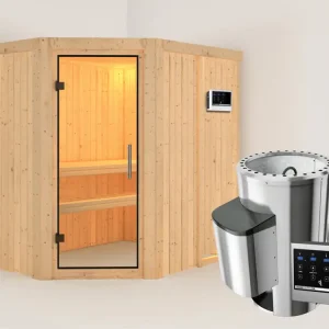 Systeemsauna Saja transparent glazen deur + Plug & Play saunakachel met ext. besturing Lage Kosten