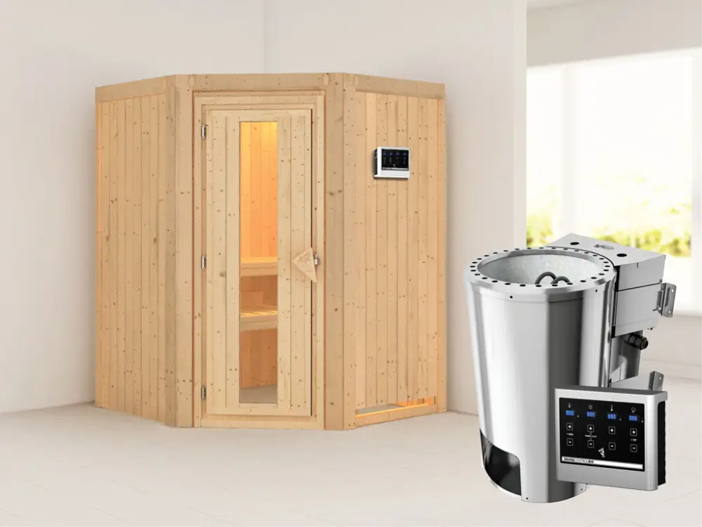 Dagaanbieding Systeemsauna Nanja energiebesparende deur + Plug & Play Bio-kachel met ext. besturing