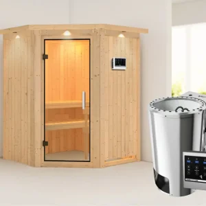 Systeemsauna Nanja met dakkraag, transparent glazen deur + Plug & Play Bio-kachel met ext. besturing Populair