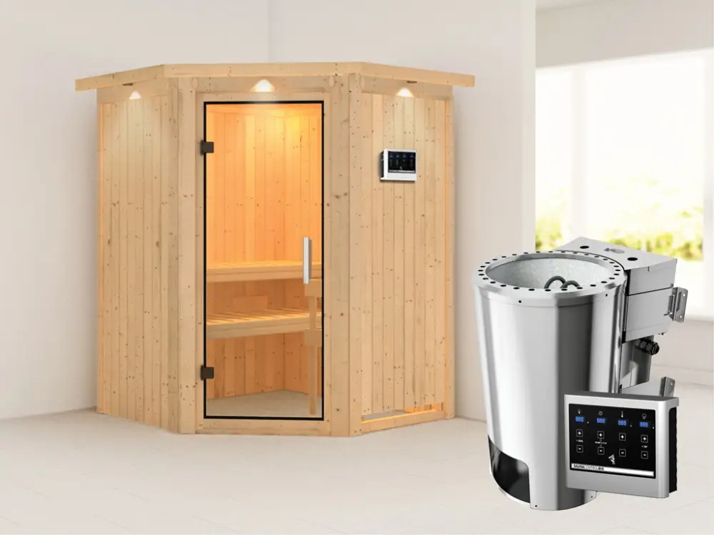Systeemsauna Nanja met dakkraag, transparent glazen deur + Plug & Play Bio-kachel met ext. besturing Populair