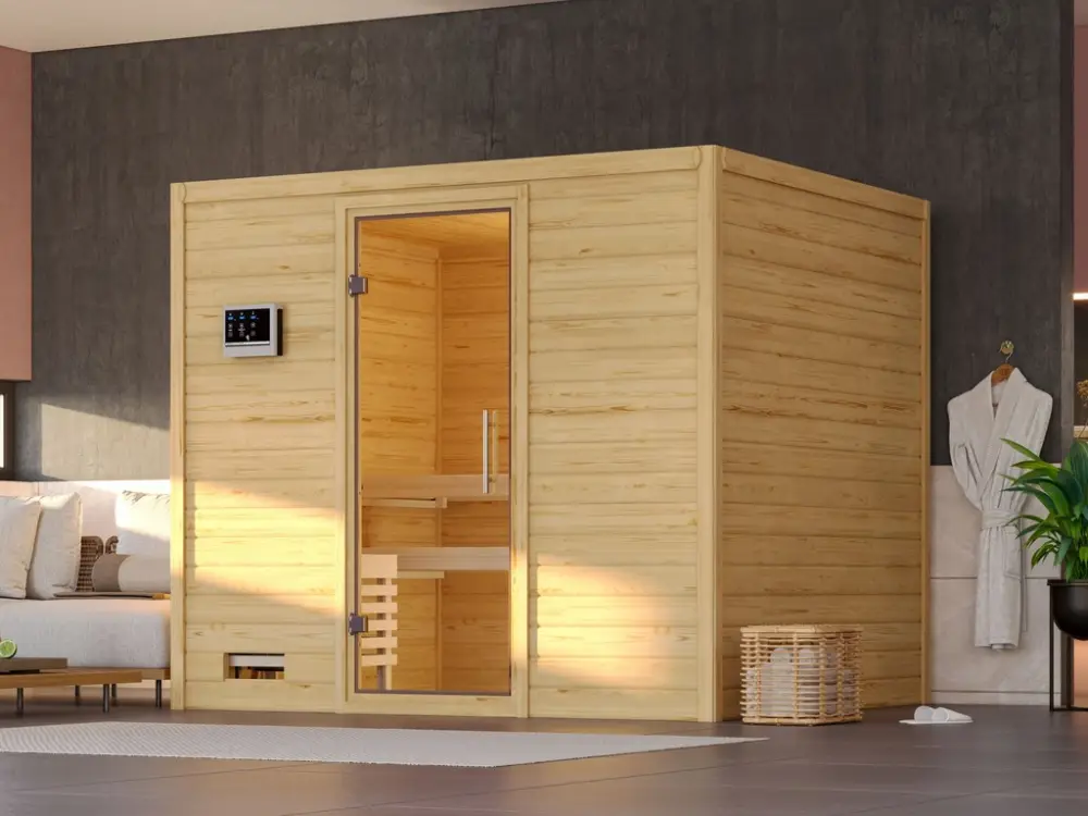 Massieve sauna Sonara transparent glazen deur Laatste Versie