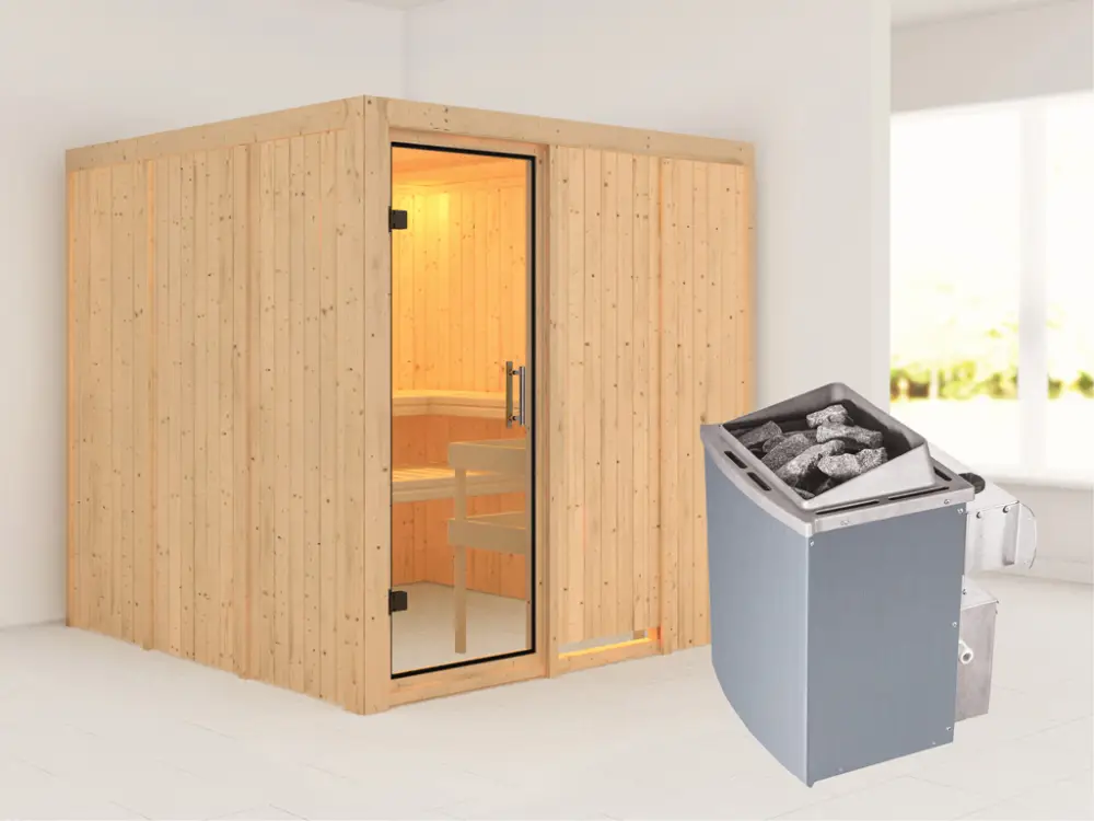 Systeemsauna Rodin transparent glazen deur + 9 kW saunakachel met besturing Finale Uitverkoop