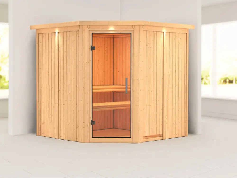 Systeemsauna Jarin met dakkraag, transparent glazen deur Must-Have