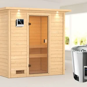 Koop Vandaag Sauna Selena met gebronsde glazen deur en dakkraag + 3,6 kW Plug & Play Bio-kachel ext. besturing