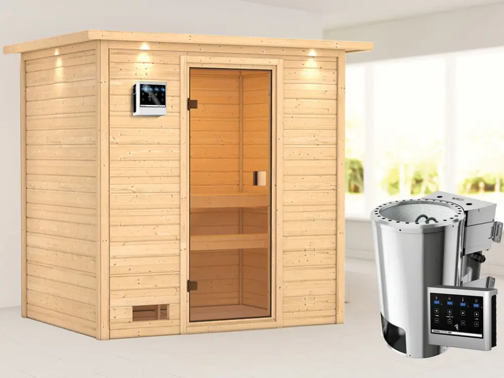 Koop Vandaag Sauna Selena met gebronsde glazen deur en dakkraag + 3,6 kW Plug & Play Bio-kachel ext. besturing