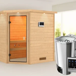 Op = Op Sauna Jella met gebronsde glazen deur en dakkraag + 3,6 kW Plug & Play Bio-kachel ext. besturing