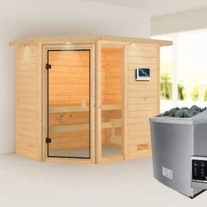 Sauna Jada met gebronsde glazen deur en dakkraag + 9 kW saunakachel ext. besturing Weekendaanbieding