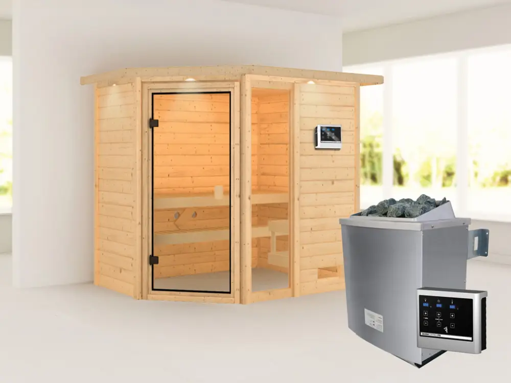 Sauna Jada met gebronsde glazen deur en dakkraag + 9 kW saunakachel ext. besturing Weekendaanbieding