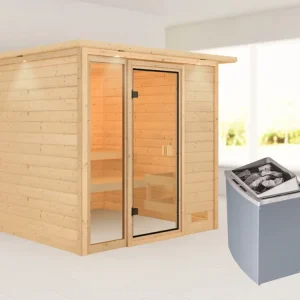 Laatste Versie Sauna Jutta met gebronsde glazen deur en dakkraag + 9 kW saunakachel int. besturing