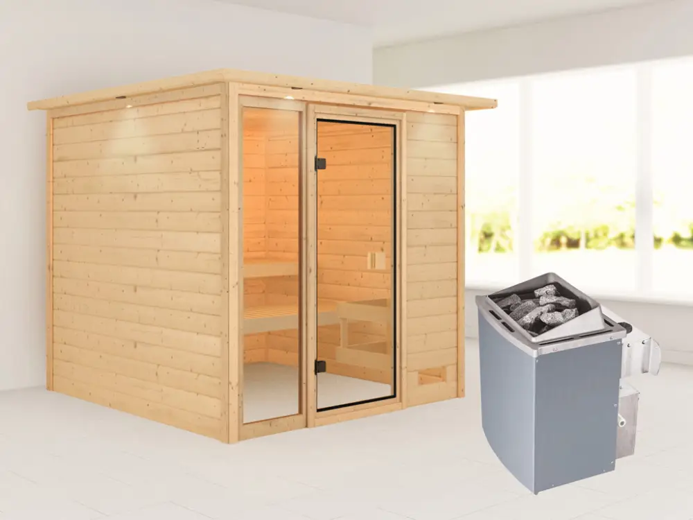 Laatste Versie Sauna Jutta met gebronsde glazen deur en dakkraag + 9 kW saunakachel int. besturing