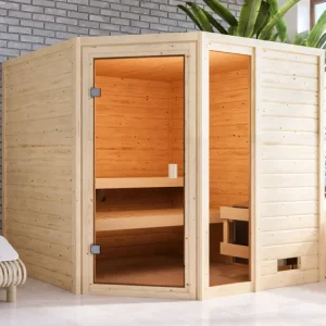 Sauna Tabea met gebronsde glazen deur + 9 kW saunakachel int. besturing Finale Uitverkoop