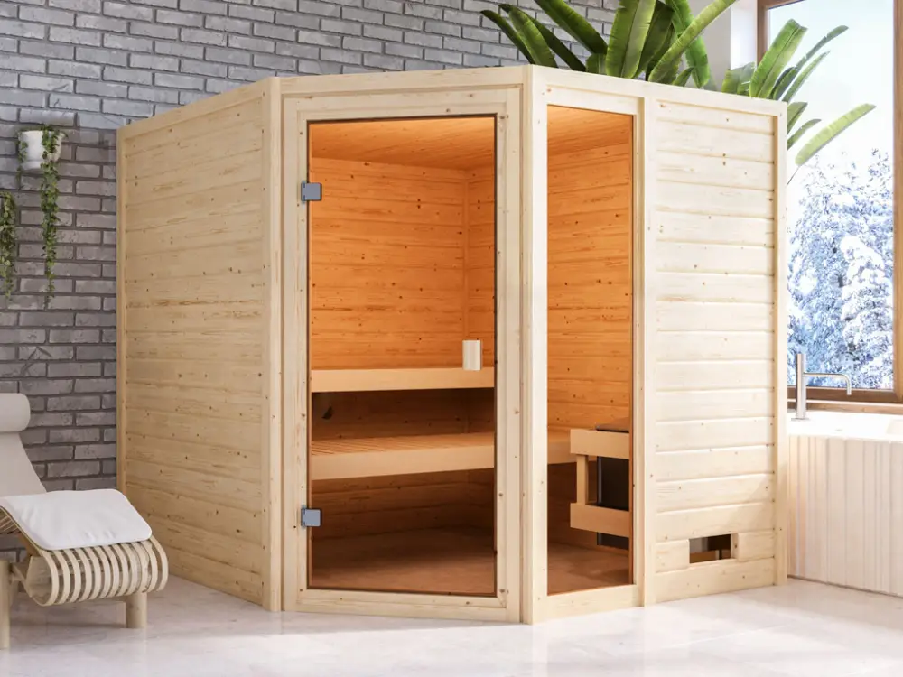 Sauna Tabea met gebronsde glazen deur + 9 kW saunakachel int. besturing Finale Uitverkoop