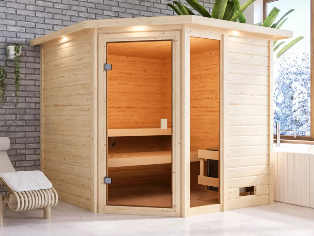 Sauna Tabea met gebronsde glazen deur en dakkraag + 9 kW saunakachel int. besturing Beste Prijs