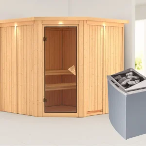 Actieprijs Systeemsauna Jarin met dakkraag, kompleet transparente gebronsde glazen deur, incl. 9kW saunakachel