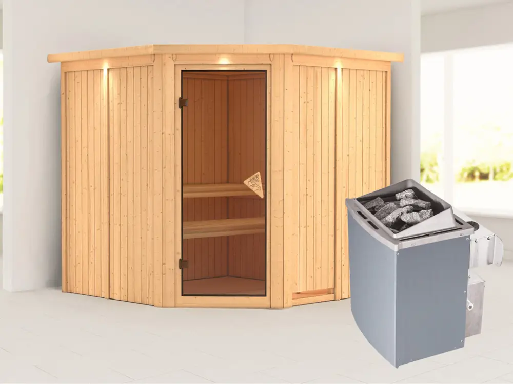 Actieprijs Systeemsauna Jarin met dakkraag, kompleet transparente gebronsde glazen deur, incl. 9kW saunakachel