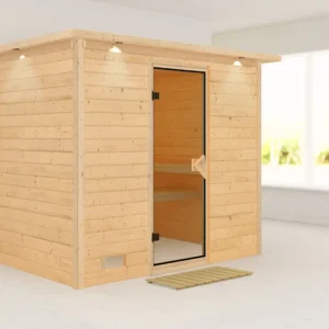 Beperkt Aanbod Massieve sauna Sonara met dakkraag, kompleet transparente gebronsde glazen deur