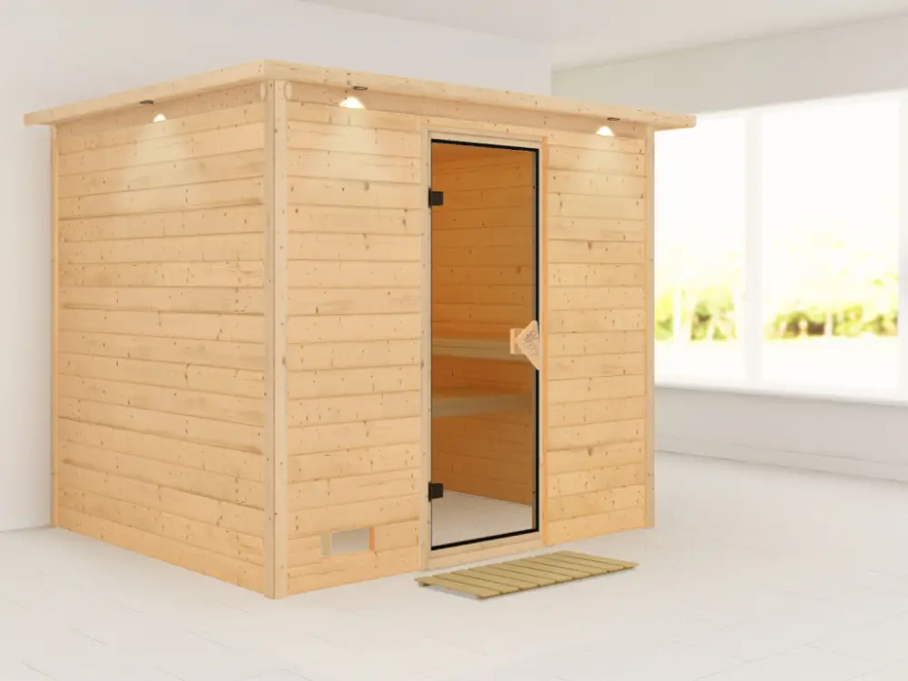 Beperkt Aanbod Massieve sauna Sonara met dakkraag, kompleet transparente gebronsde glazen deur