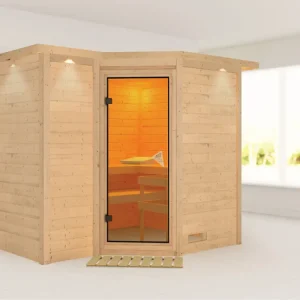 Massieve sauna Sahib 2 met dakkraag, kompleet transparente gebronsde glazen deur Must-Have
