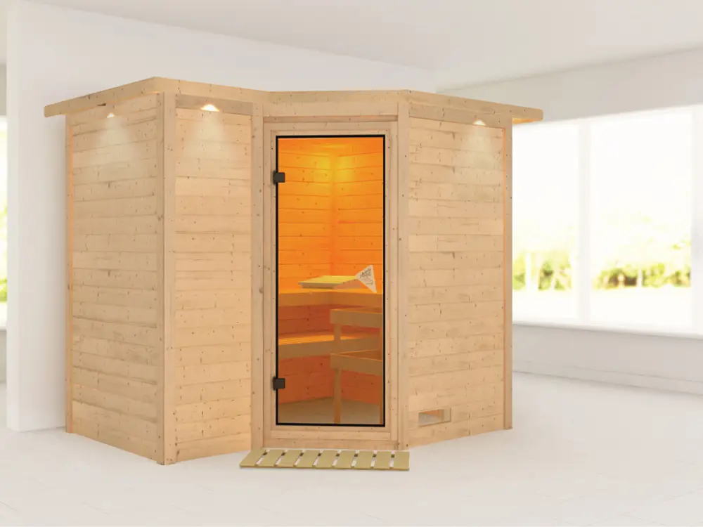 Massieve sauna Sahib 2 met dakkraag, kompleet transparente gebronsde glazen deur Must-Have