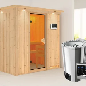 Snelle Levering Systeemsauna Fanja met dakkraag, incl. Plug & Play Bio-kachel externe besturing