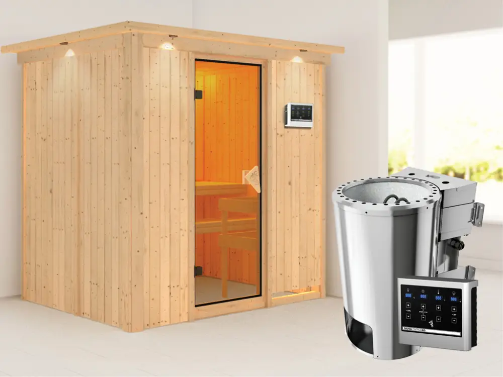 Snelle Levering Systeemsauna Fanja met dakkraag, incl. Plug & Play Bio-kachel externe besturing