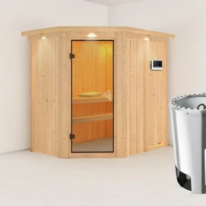 Betaalbaar Systeemsauna Saja met dakkraag, incl. Plug & Play Bio-kachel externe besturing