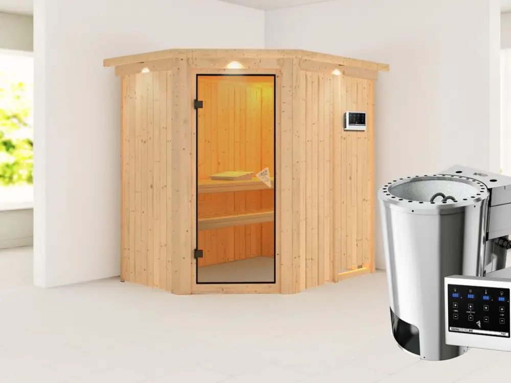 Betaalbaar Systeemsauna Saja met dakkraag, incl. Plug & Play Bio-kachel externe besturing