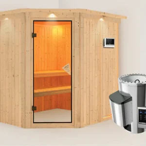 Systeemsauna Lilja met dakkraag, incl. Plug & Play saunakachel externe besturing Voordeelprijs