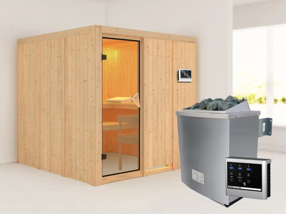 Systeemsauna Rodin kompleet transparente gebronsde glazen deur, incl. 9kW saunakachel ext. besturing Lage Kosten