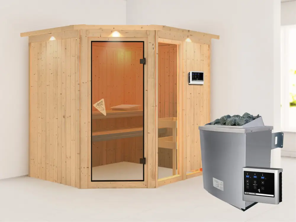 Gecertificeerd Systeemsauna Fiona 2 met dakkraag, incl. 9 kW saunakachel ext. besturing