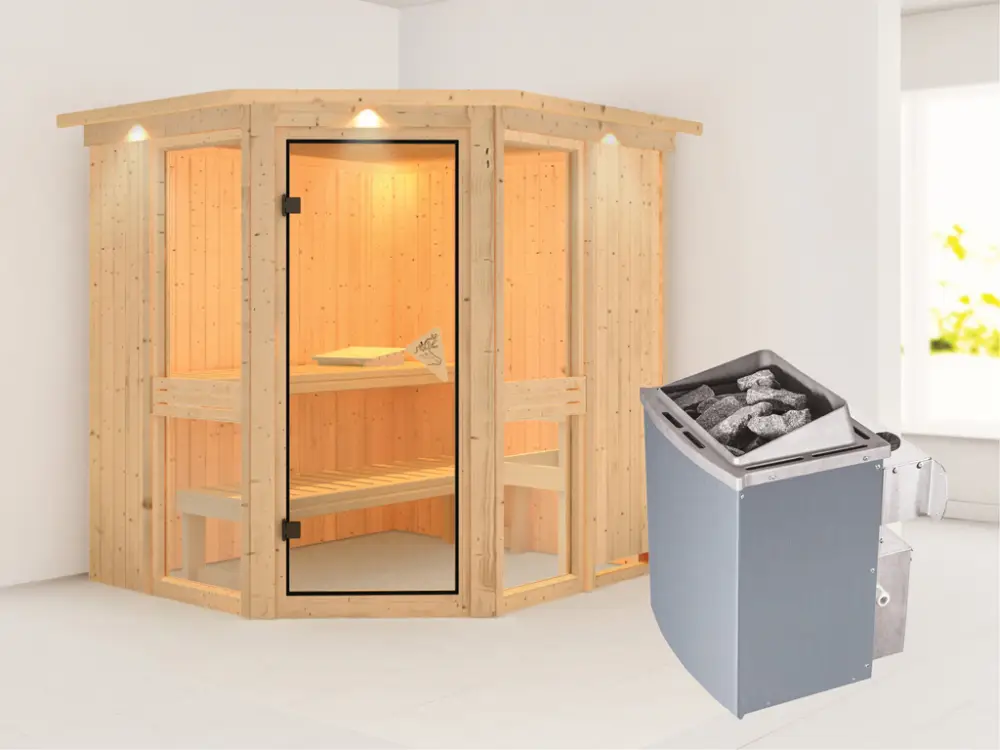 Systeemsauna Amelia 1 met dakkraag, incl. 9 kW saunakachel int. besturing Favoriet
