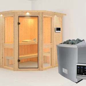 Systeemsauna Amelia 1 met dakkraag, incl. 9 kW saunakachel ext. besturing Direct Beschikbaar