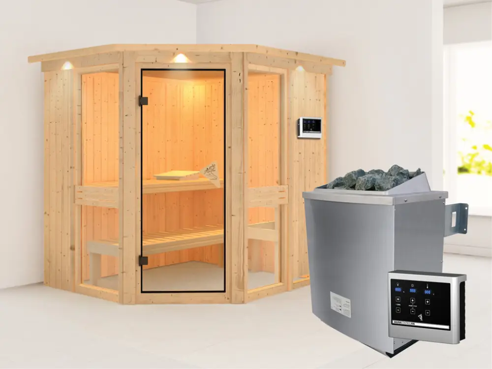Systeemsauna Amelia 1 met dakkraag, incl. 9 kW saunakachel ext. besturing Direct Beschikbaar