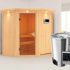 Speciale Aanbieding Systeemsauna Tonja met dakkraag, incl. Plug & Play Bio-kachel externe besturing