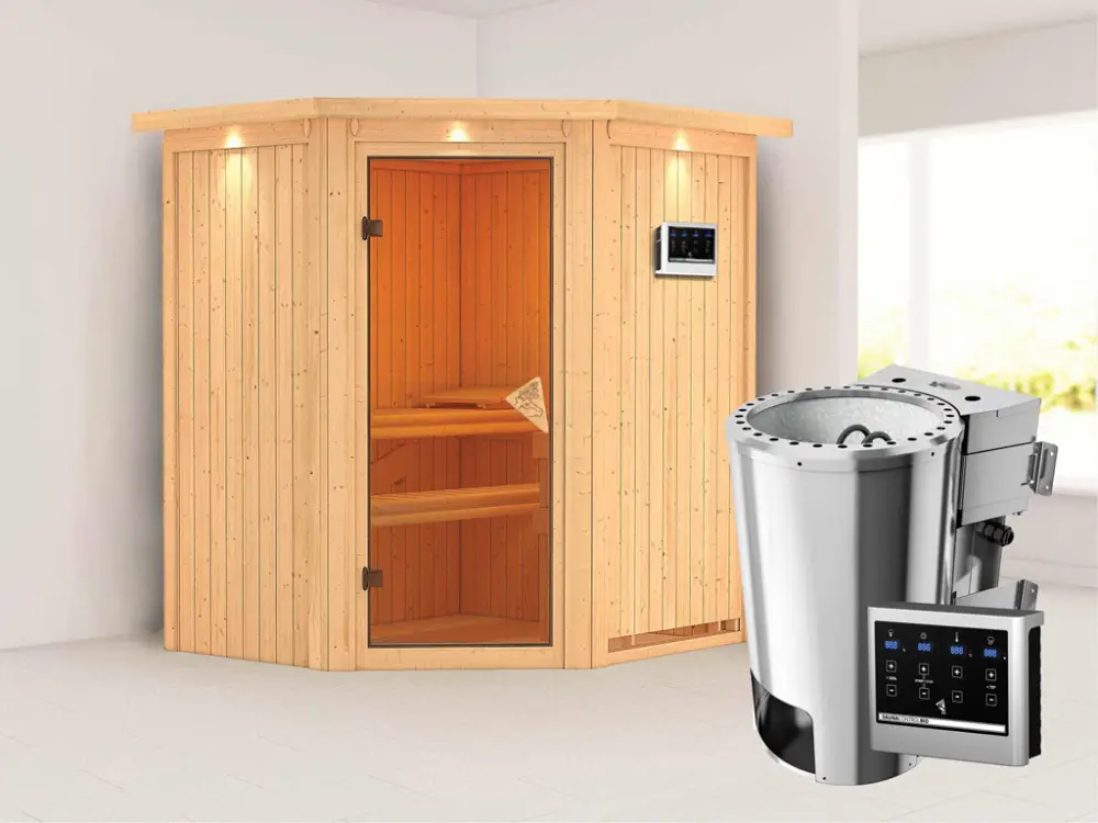 Speciale Aanbieding Systeemsauna Tonja met dakkraag, incl. Plug & Play Bio-kachel externe besturing