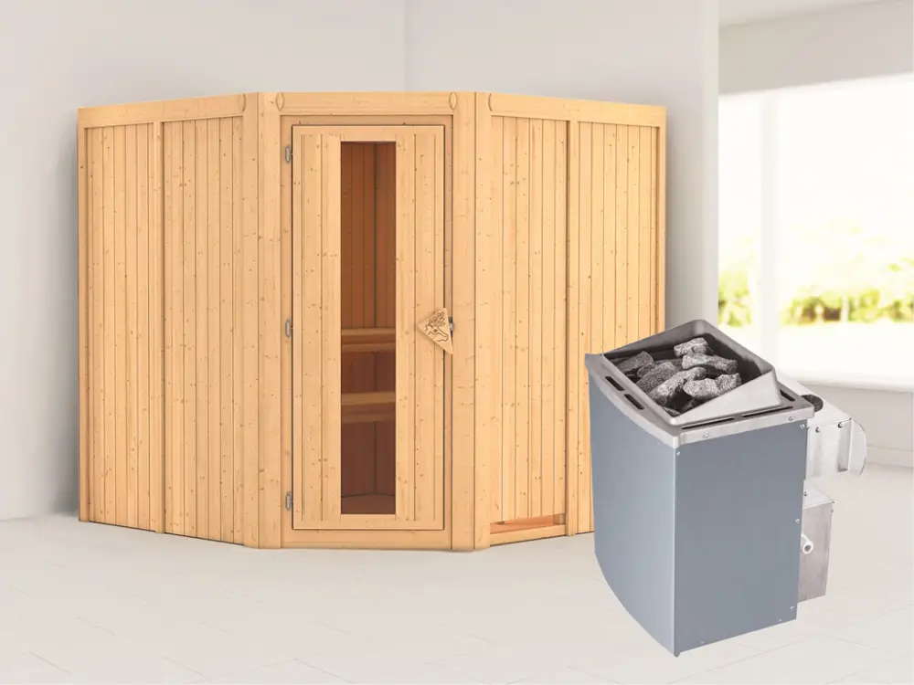 Systeemsauna Jarin houten deur met geïsoleerd glas, incl. 9 kW saunakachel int. besturing Lage Kosten