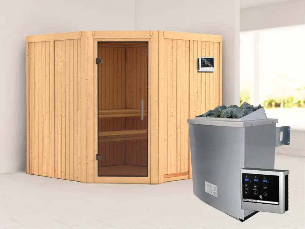 Systeemsauna Jarin grafiet glazen deur, incl. 9 kW saunakachel ext. besturing Merkproduct
