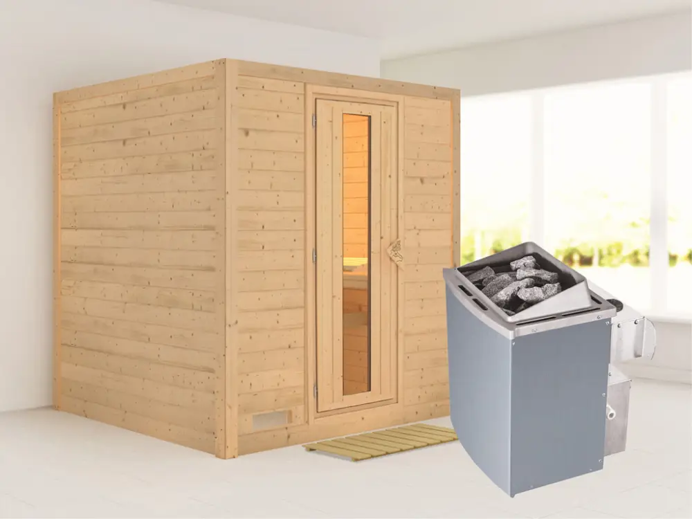 Massieve sauna Mojave houten deur met Isolieglas, incl. 9 kW kachel int. besturing Merkproduct