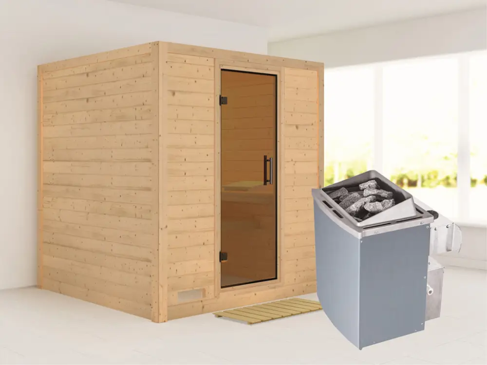 Massieve sauna Mojave grafiet glazen deur, incl. 9 kW kachel int. besturing Exclusieve Aanbieding