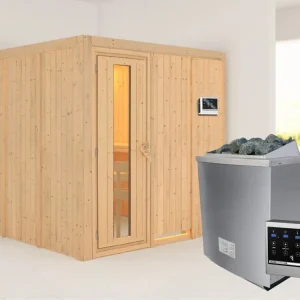 Systeemsauna Rodin houten deur met geïsoleerd glas, incl. 9 kW saunakachel ext. besturing Lage Kosten