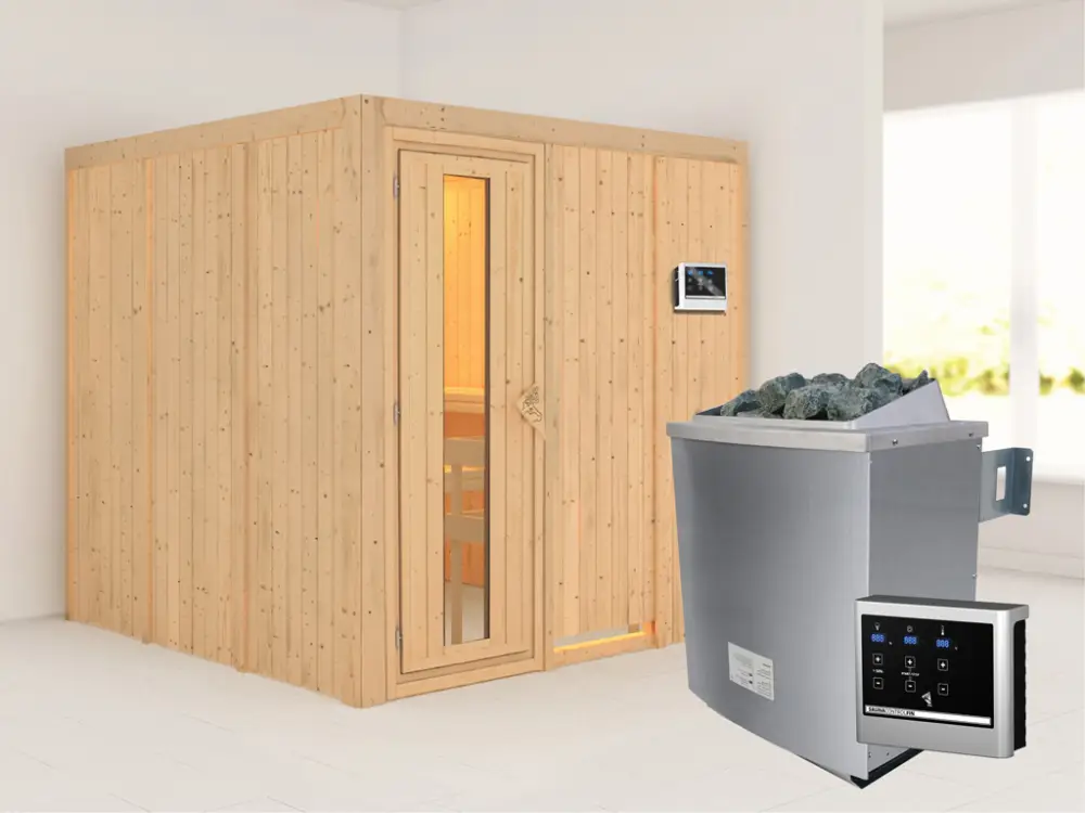 Systeemsauna Rodin houten deur met geïsoleerd glas, incl. 9 kW saunakachel ext. besturing Lage Kosten